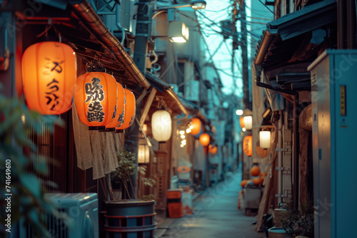 Traditional Japanese street with hanging lanterns at dusk. Cultural travel destination. © Postproduction