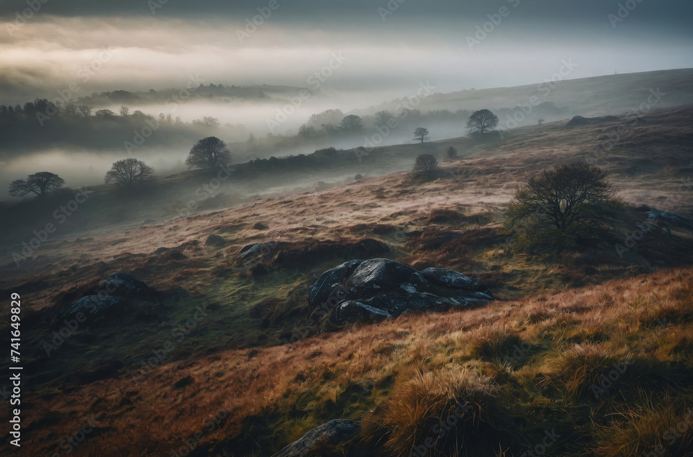 morning fog and meadow in the autumn