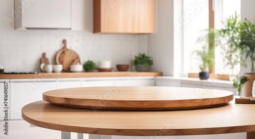 Empty beautiful round wood tabletop counter on white interior