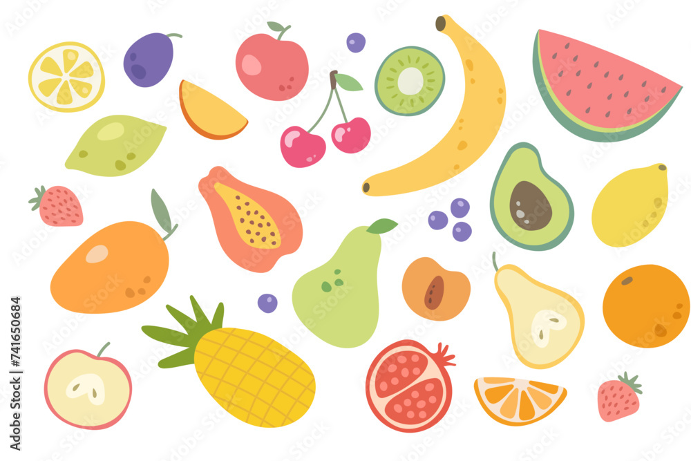 Set with hand drawn fruit doodles. stock illustration. Vegan menu, healthy food. Modern style simple flat fruits. Set with hand drawn fruit doodles. stock illustration. Vegan menu, healthy food. Modern style simple flat fruits.