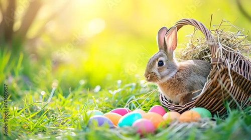 Easter bunny rabbit in basket with colorful eggs