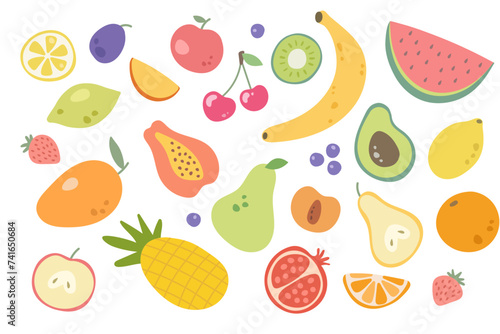 Set with hand drawn fruit doodles. stock illustration. Vegan menu, healthy food. Modern style simple flat fruits. 
