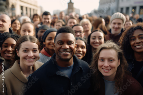 A diverse, happy group of people in a public square. Concept of a multiethnic and diverse society.