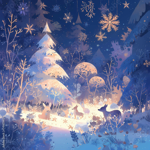 Enchanted Winter Forest Scene with Snowflakes and Wildlife