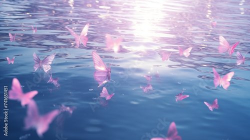 Papillons roses volant au dessus de l'eau. Lumière, reflet, couleurs. Ambiance magique, naturelle. Beauté et calme. Pour conception et création graphique