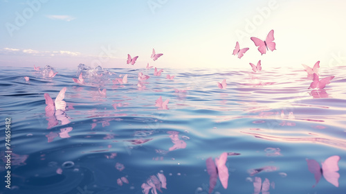 Papillons roses volant au dessus de l'eau. Lumière, reflet, couleurs. Ambiance magique, naturelle. Beauté et calme. Pour conception et création graphique
