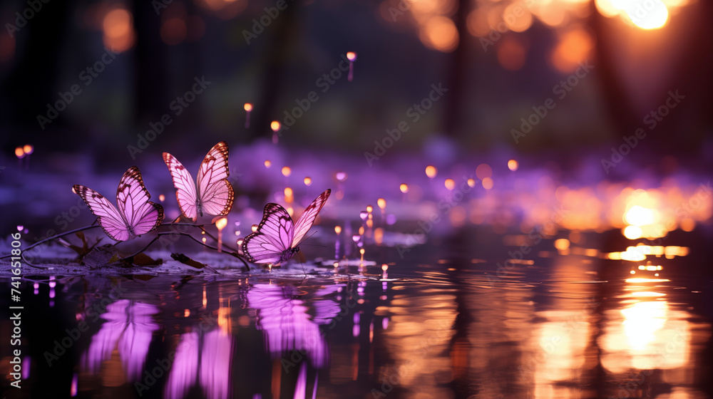 Papillons violets volant au dessus de l'eau. Lumière, reflet, couleurs. Ambiance magique, naturelle. Beauté et calme. Pour conception et création graphique - obrazy, fototapety, plakaty 