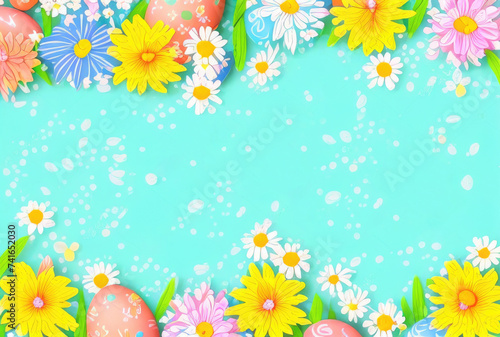 Playful easter illustration with flowers and eggs, generative ai