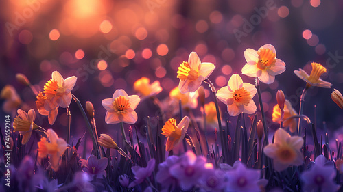 Golden daffodils swaying in a field of amethyst, a symphony of springtime hues. on transparent background. 
