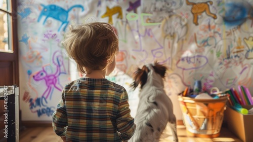 A little boy and his dog look at a wall filled with children's doodles and drawings. Messy living room A container for children's creativit photo