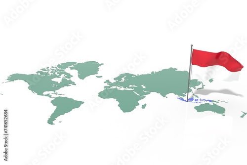 Mappa Terra con evidenziato la nazione Indonesia e bandiera al vento photo