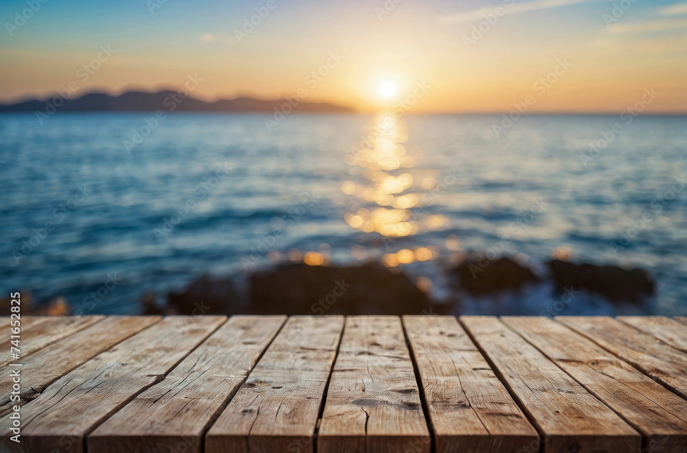wooden table and sea bokeh background