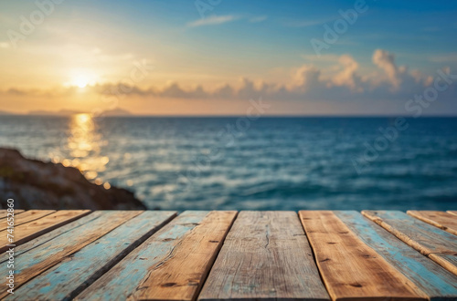 wooden table and sea bokeh background