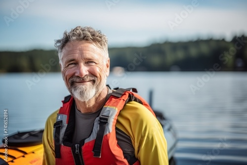Portrait of happy senior man in life jacket standing on the shore of a lake © Nerea