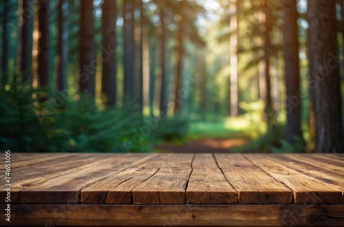 wooden table and fir forest background