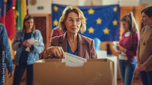 Citizens fill out ballots in voting booths on national election day in the European Union. Various men and women