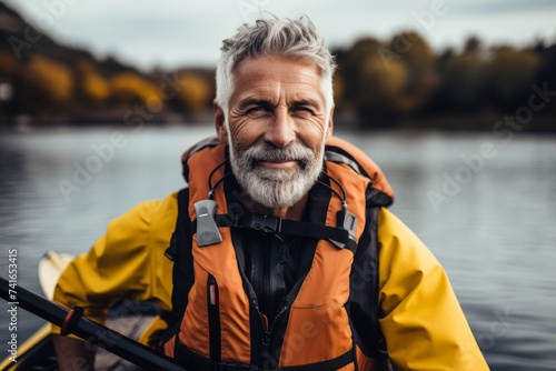 senior man in life jacket holding kayak and looking at camera © Nerea