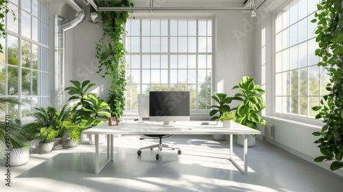 photograph of Modern sustainable green office workspace with desk and computer screen between green plants and large bright windows in a white room © chutikan