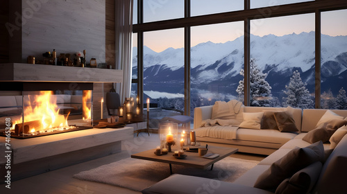 A cozy living room with fireplace and snowy mountain vistas, creating a warm and inviting atmosphere. © Abbas Samar shad