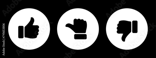 Like, dislike and neutral thumb symbols in black and white circle. Feedback and rating thumbs up and thumbs down icons set. Thumbs up, down and sideways icon set isolated on black background.