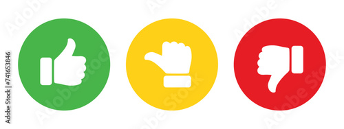 Like, dislike and neutral thumb symbols in green, yellow and red color. Feedback and rating thumbs up and thumbs down icons set. Thumbs up, down and sideways symbol icon set. photo