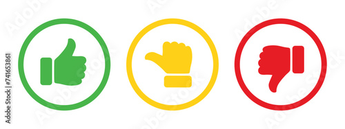 Like, dislike and neutral thumb symbols in green, yellow and red color outline. Feedback and rating thumbs up and thumbs down icon set. Thumbs up, down and sideways symbols. photo