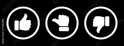 Like, dislike and neutral thumb symbols in white circle outline. Feedback and rating thumbs up and thumbs down icon set. Thumbs up, down and sideways symbols isolated on black background. photo
