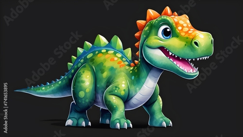 a cartoon character watercolor nursery style disaur clipart on black backgroun