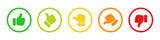 Rating and feedback scale with thumb symbol in green, yellow and red color outline. Excellent, good, average, poor, bad rating thumb icon set. Satisfied, unsatisfied, neutral survey icon set.