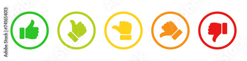 Rating and feedback scale with thumb symbol in green, yellow and red color outline. Excellent, good, average, poor, bad rating thumb icon set. Satisfied, unsatisfied, neutral survey icon set. photo