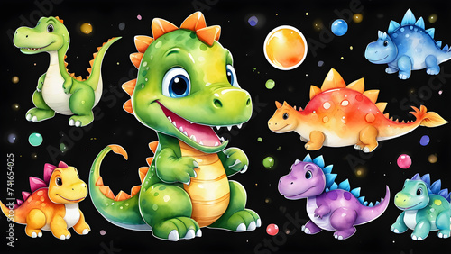 a cartoon character watercolor nursery style dinosaur clipart on black background