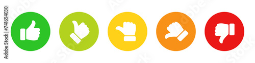Rating and feedback scale with thumb symbol in green, yellow and red color. Excellent, good, average, poor, bad rating thumb icon set. Satisfied, dissatisfied and neutral icons for surveys and voting.