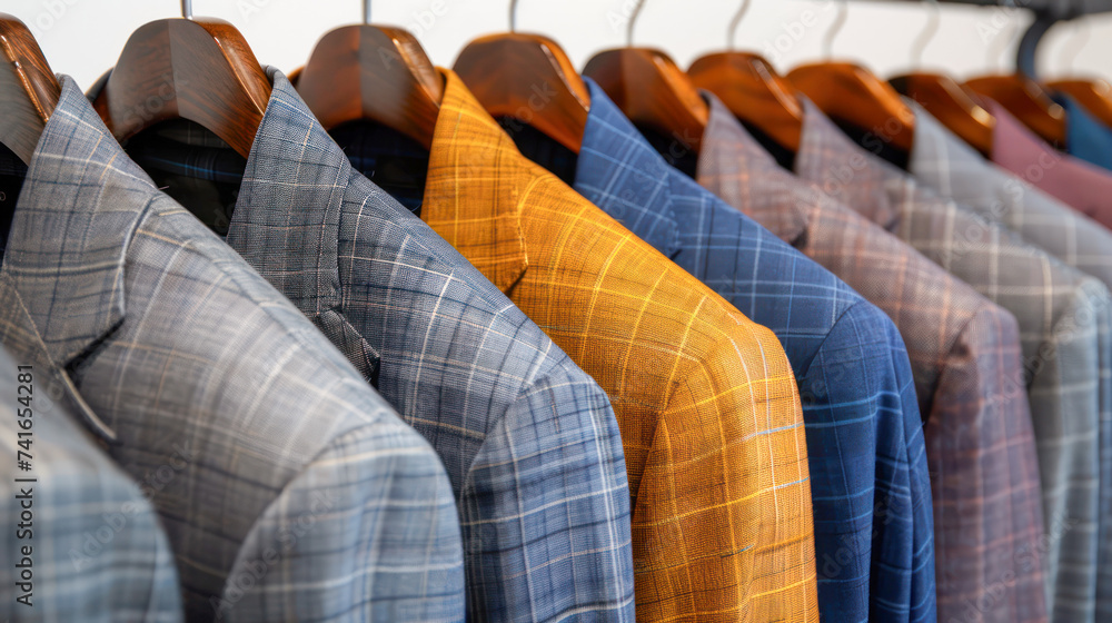 Obraz premium Row of men suit jackets on hangers in different colors.Generative AI