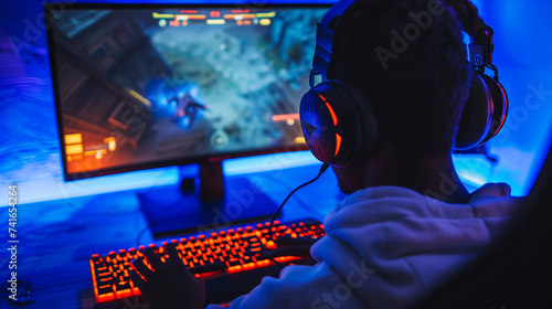 person playing a computer game in a dark room with blue lighting. They are wearing headphones and using a illuminated keyboard 