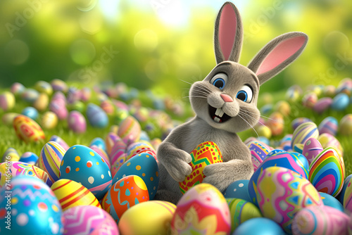A cute cartoon Easter bunny surrounded by colorful holiday eggs rests in the lush grass photo