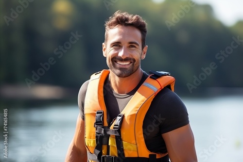 Portrait of a happy man with life jacket on the lake background