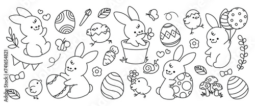 Happy Easter doodle hand drawn vector. Cute set of rabbit, chicks, eggs, flower, leaf, carrot, butterfly easter element. Spring event and bunny illustration for clipart, sticker, card.