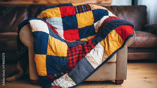 Colorful patchwork quilt draped over comfy armchair. photo