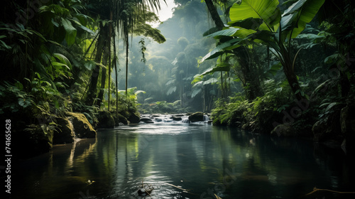 Paysage d'un forêt tropicale, avec arbres et rivière. Ambiance tropicale, humide, chaleur. Nature sauvage, rocher, végétation. Pour conception et création graphique. photo