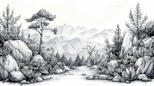 Line drawings of a mountain landscape photo