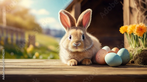 Cute fluffy Easter bunny with easter eggs on the wooden table in a countryside cottage © triocean