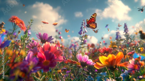 Butterflies flit from bloom to bloom, their delicate wings shimmering in the midday sun,