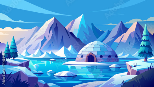 Landscape of mountains covered with snow, years beginning to melt, igloo house in foreground. Vector illustration