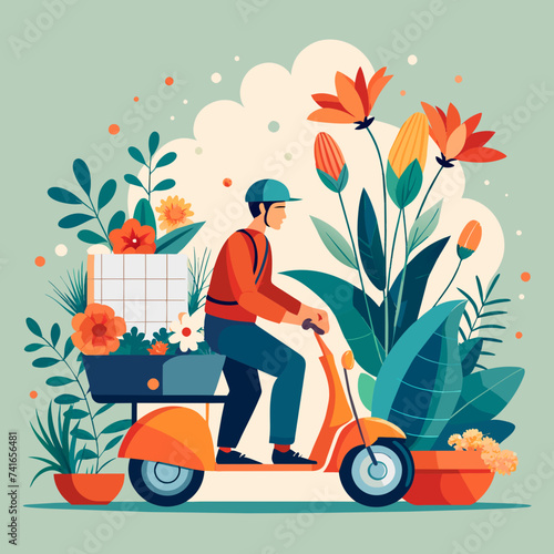The fresh flower delivery guy rides a scooter. Vector illustration