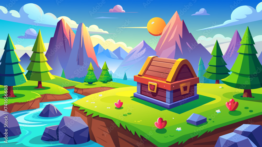 The treasure chest and gold coins on the hill. Landscape of a green meadow, a stream is flowing. Vector illustration for computer game