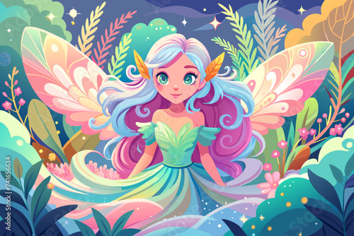 Fairy elf girl with long pink and blue hair and a magical sparkly dress. Vector illustration of fairy tale