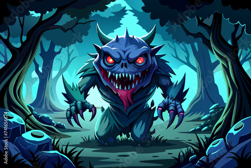 A monster demon emerges and a mystical magical dark forest. Vector illustration for the fairy tale