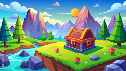 The treasure chest and gold coins on the hill. Landscape of a green meadow, a stream is flowing. Vector illustration for computer game