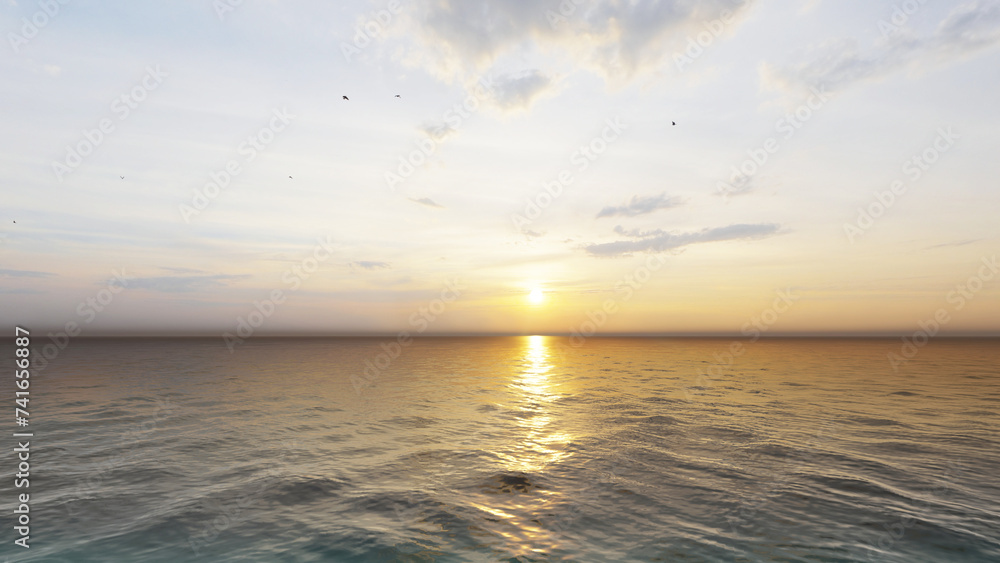 Panorama of sea sunrise, ocean sunrise, seascape. Romantic colorful sunset at the sea. The sun touches horizon. 