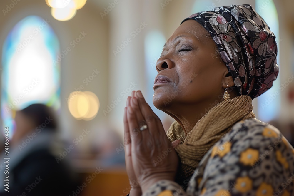 individuals praying, meditating, or attending church services on Easter, conveying the introspective and spiritual aspects of the holiday. Use quiet scenes, peaceful expressions, and symbolic religiou - obrazy, fototapety, plakaty 